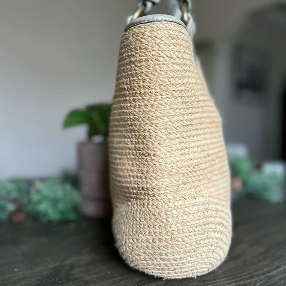 Coach Bleeker Natural Straw Metallic Bronze Floral Embroidered Logo Tote! - Picture 9 of 10